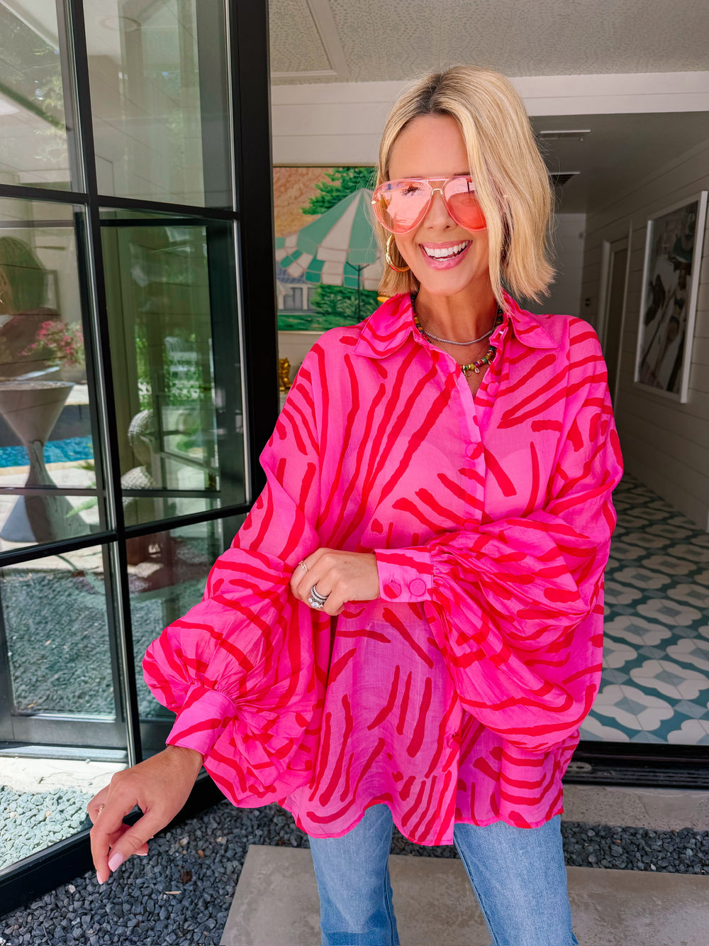 PRETTY WILD ZEBRA BUTTON UP TOP - FUCHSIA