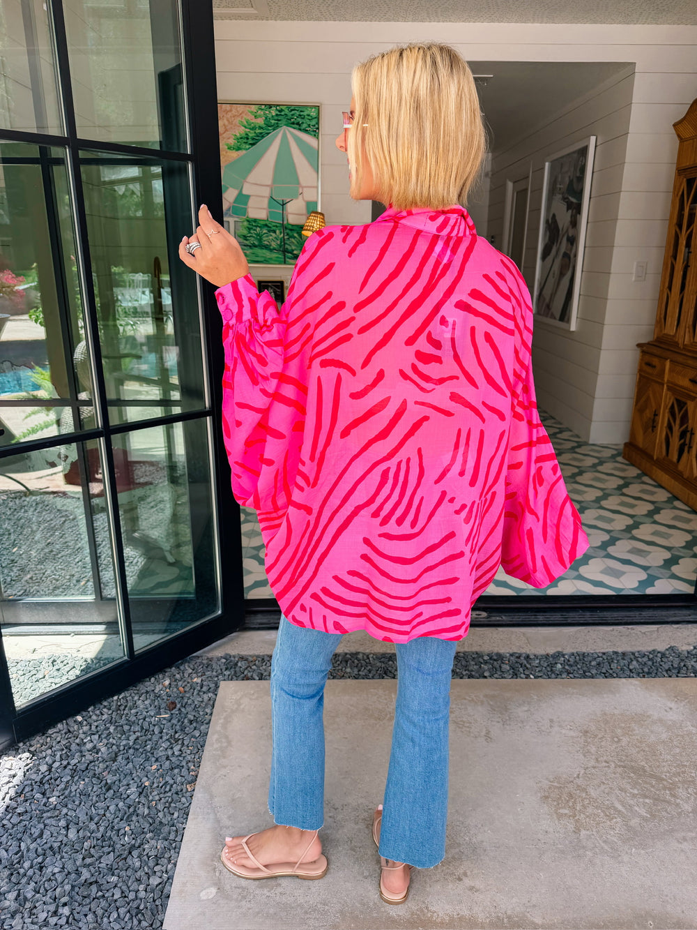 PRETTY WILD ZEBRA BUTTON UP TOP - FUCHSIA