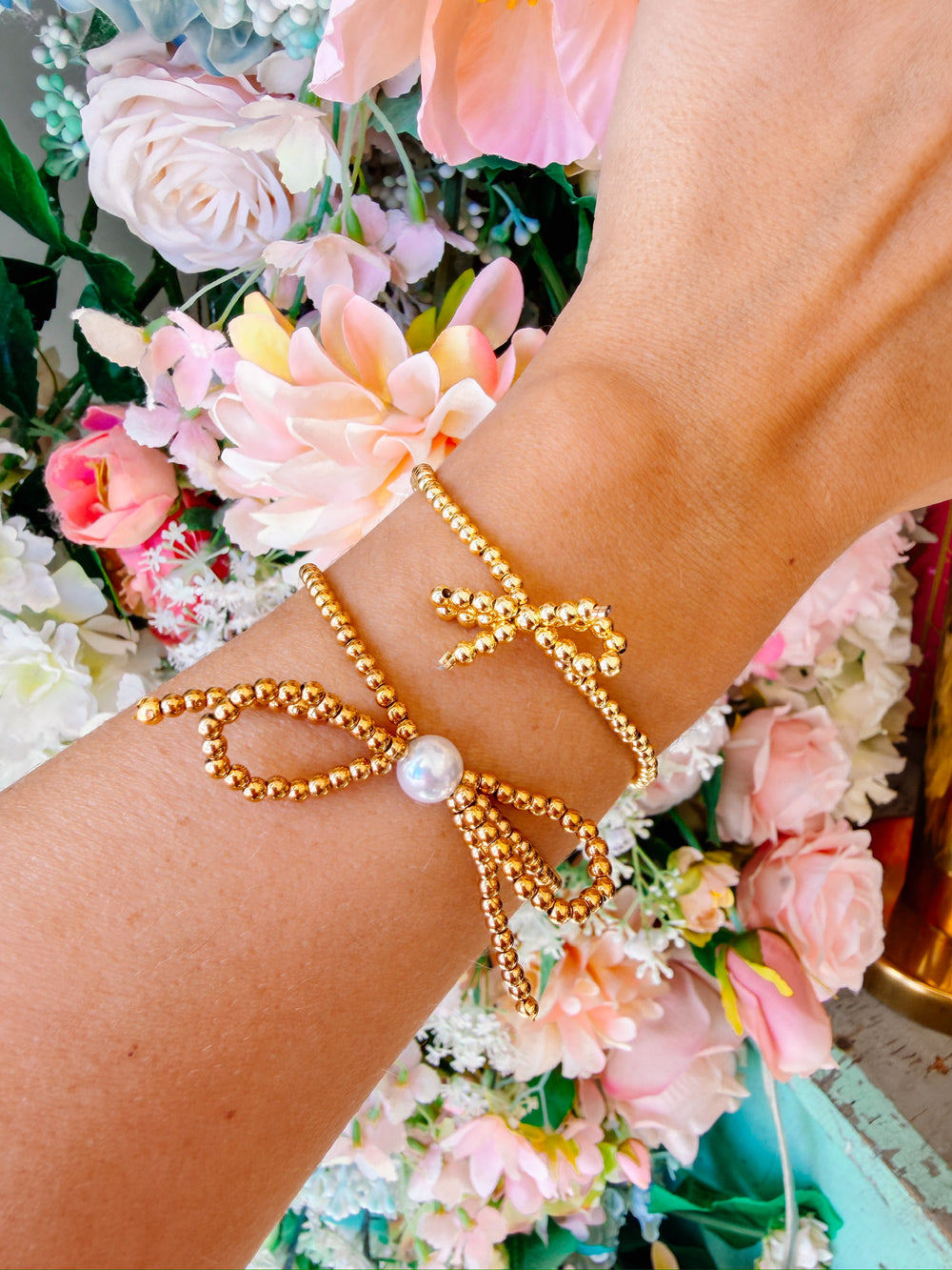 MINI BOW 14K BEADED BRACELET - GOLD