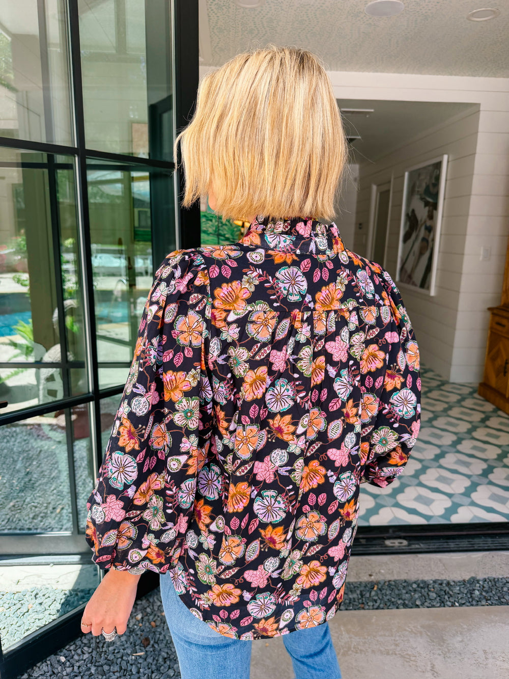 WHIMSICAL WILDFLOWERS LONG SLEEVE FLORAL TOP - BLACK