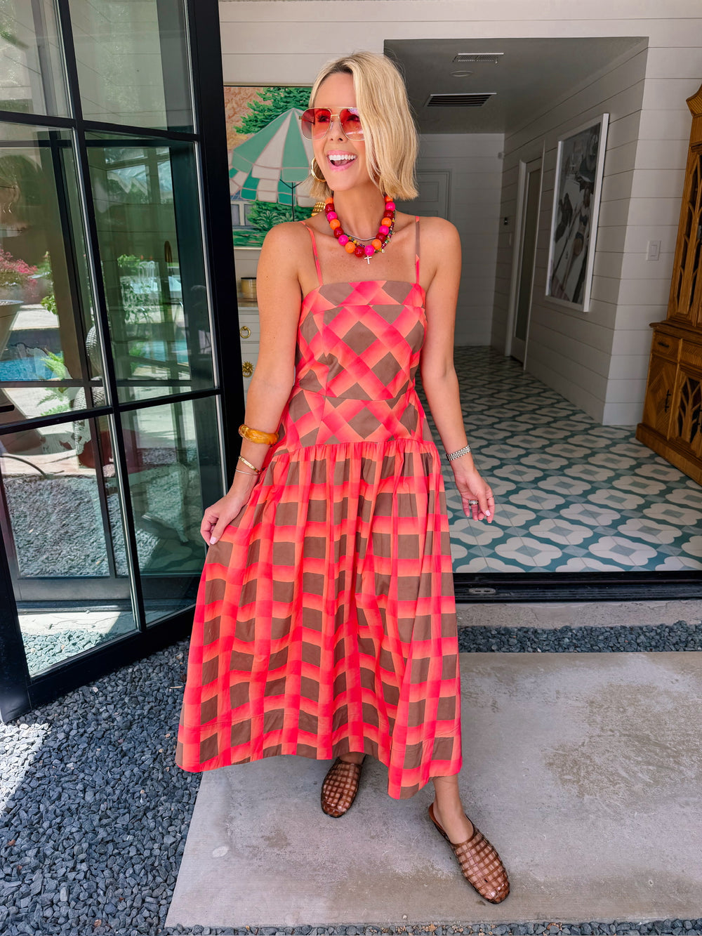 LULU GINGHAM MIDI DRESS - CORAL/BROWN