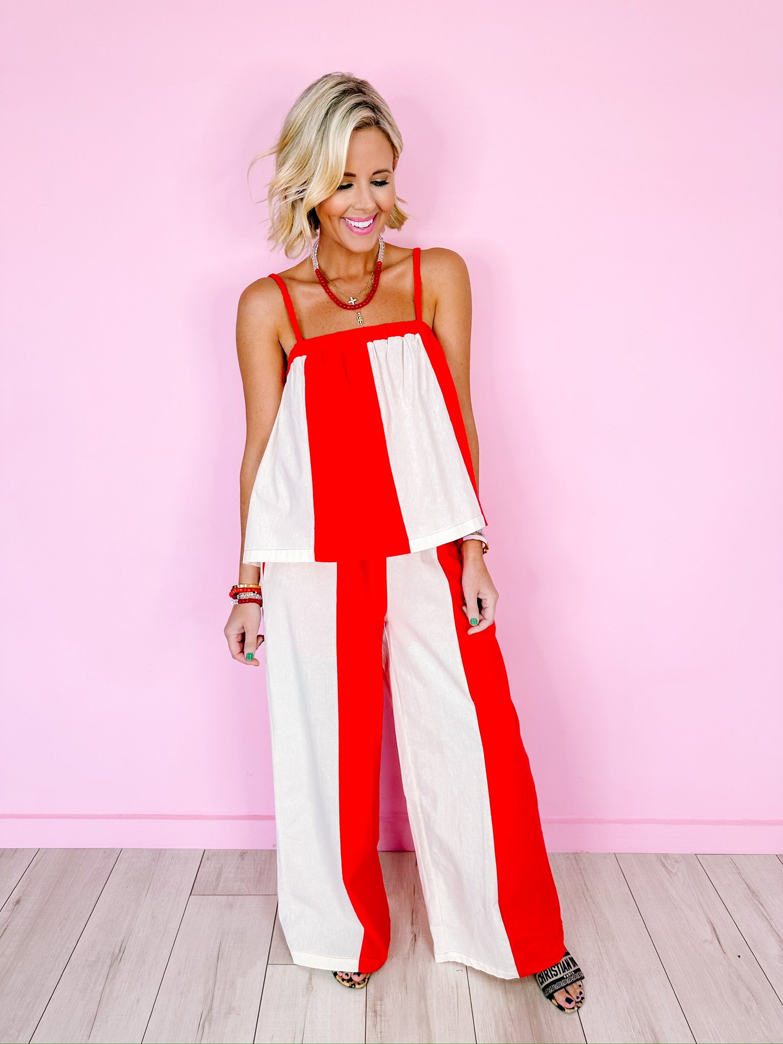 LOVE THE STRIPES PANT SET - RED/CREAM