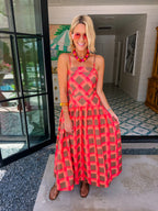 LULU GINGHAM MIDI DRESS - CORAL/BROWN