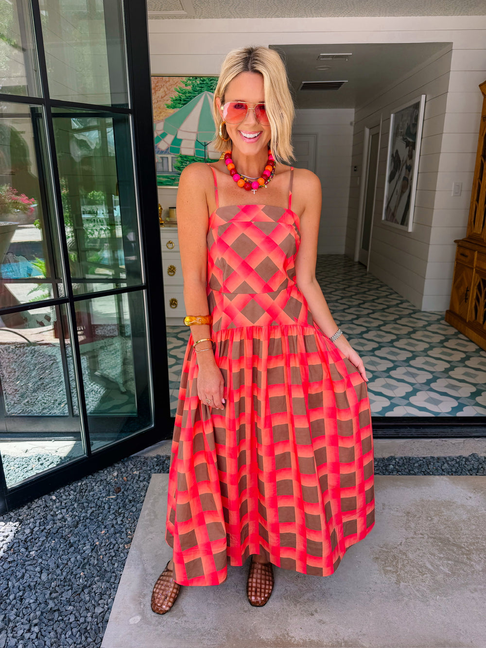 LULU GINGHAM MIDI DRESS - CORAL/BROWN