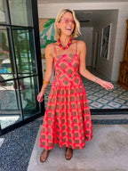 LULU GINGHAM MIDI DRESS - CORAL/BROWN