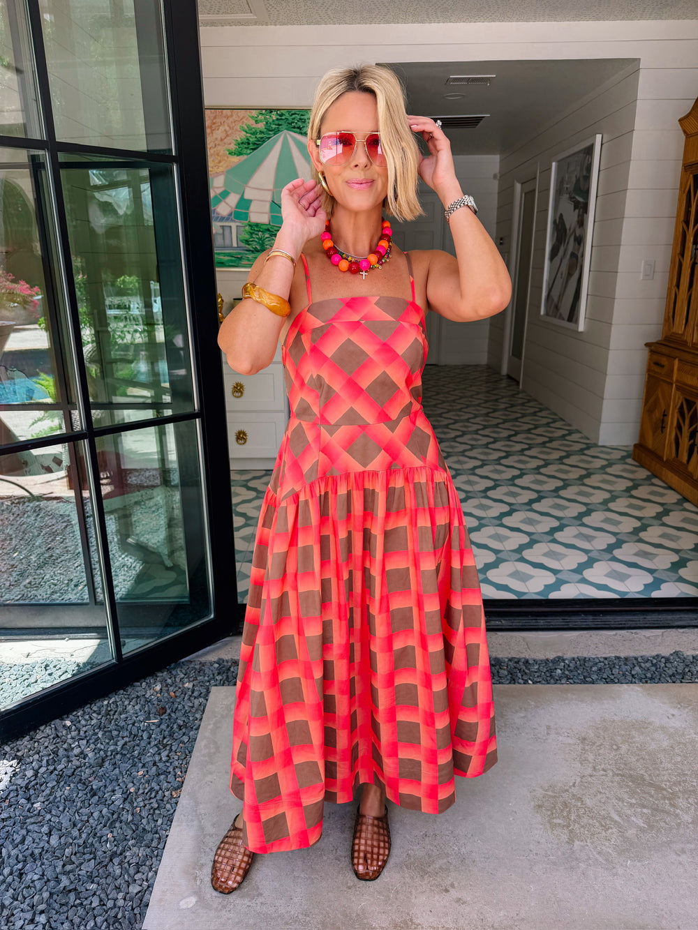 LULU GINGHAM MIDI DRESS - CORAL/BROWN