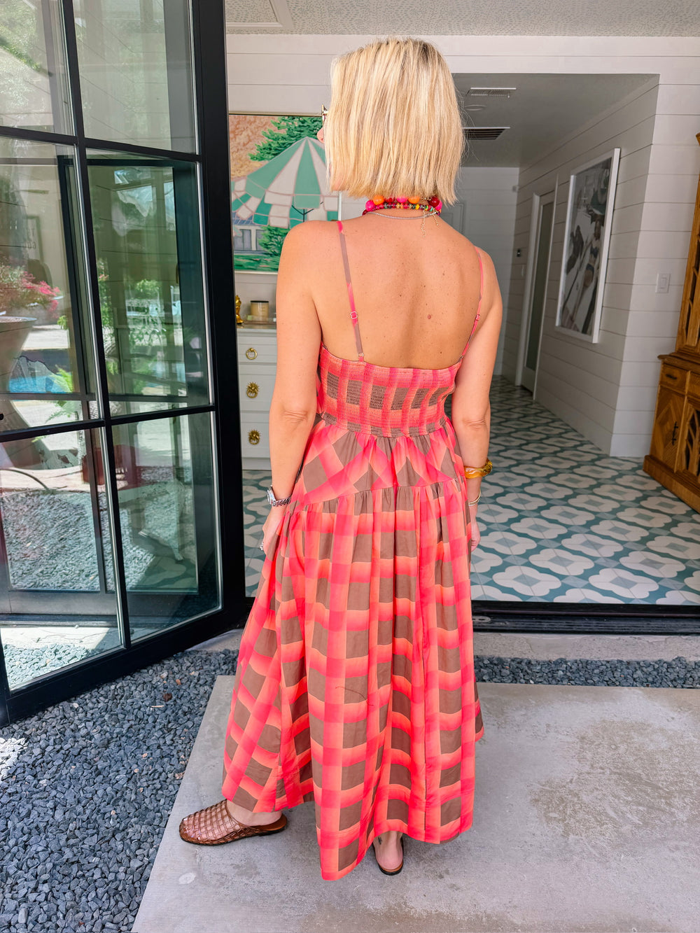 LULU GINGHAM MIDI DRESS - CORAL/BROWN
