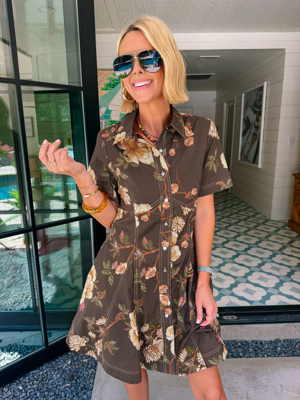 COLLECTED FLORALS BUTTON UP DRESS - BROWN