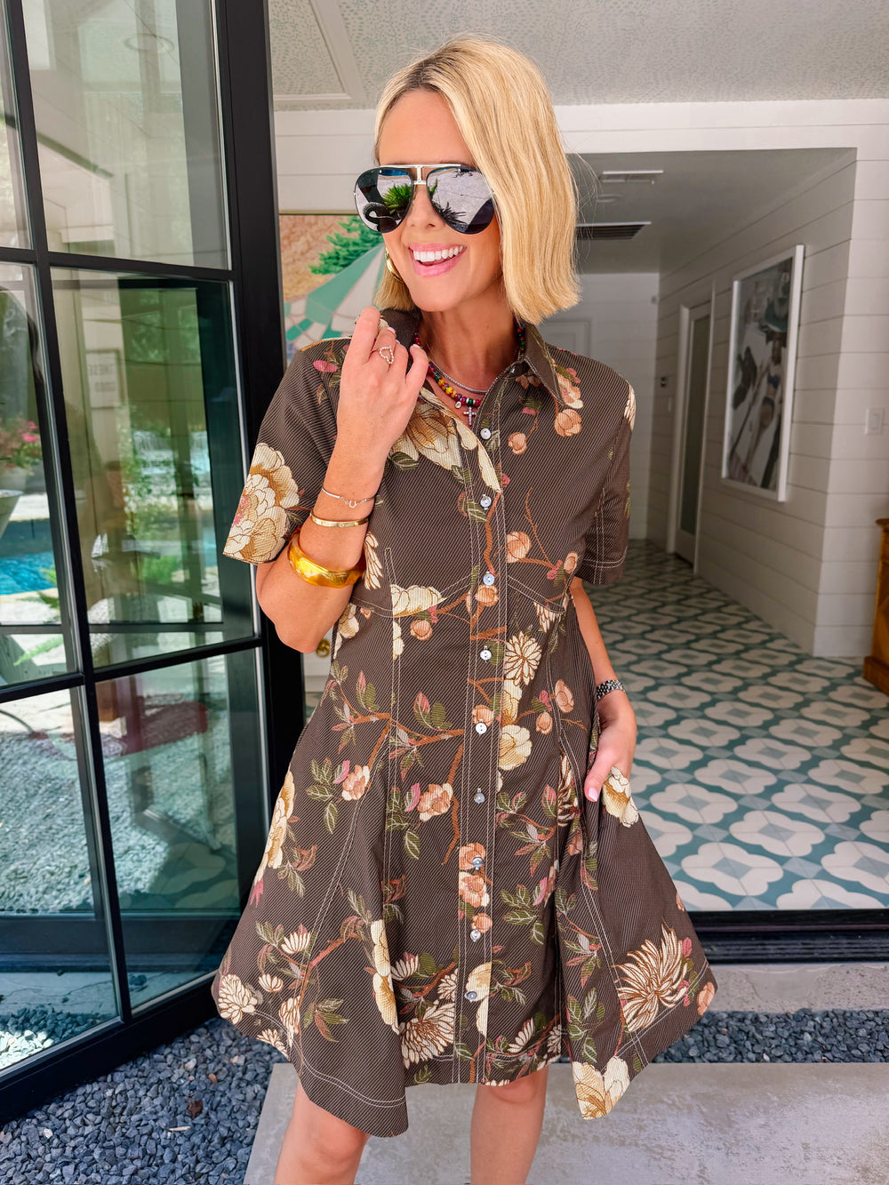 COLLECTED FLORALS BUTTON UP DRESS - BROWN