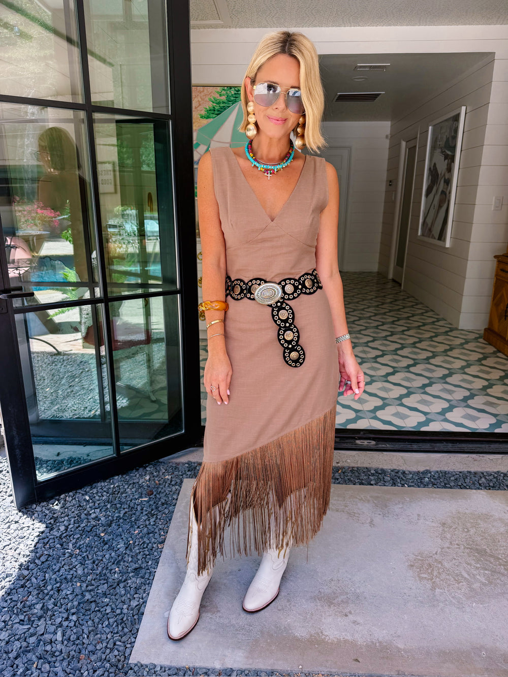 STEAL THE SHOW FRINGE MIDI DRESS - CAMEL