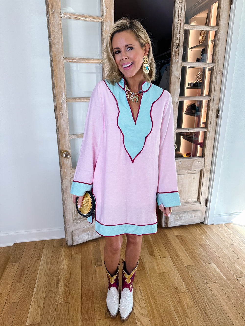SANTA FE SKIES V NECK TUNIC DRESS - PINK