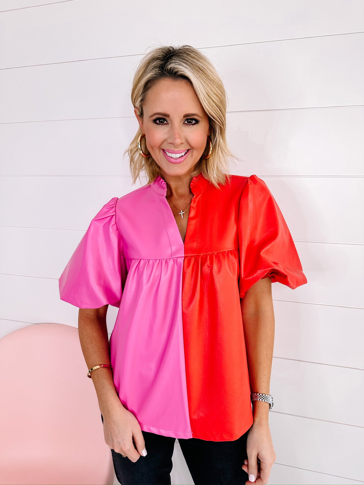 TALK THE TALK COLORBLOCK LEATHER TOP - PINK