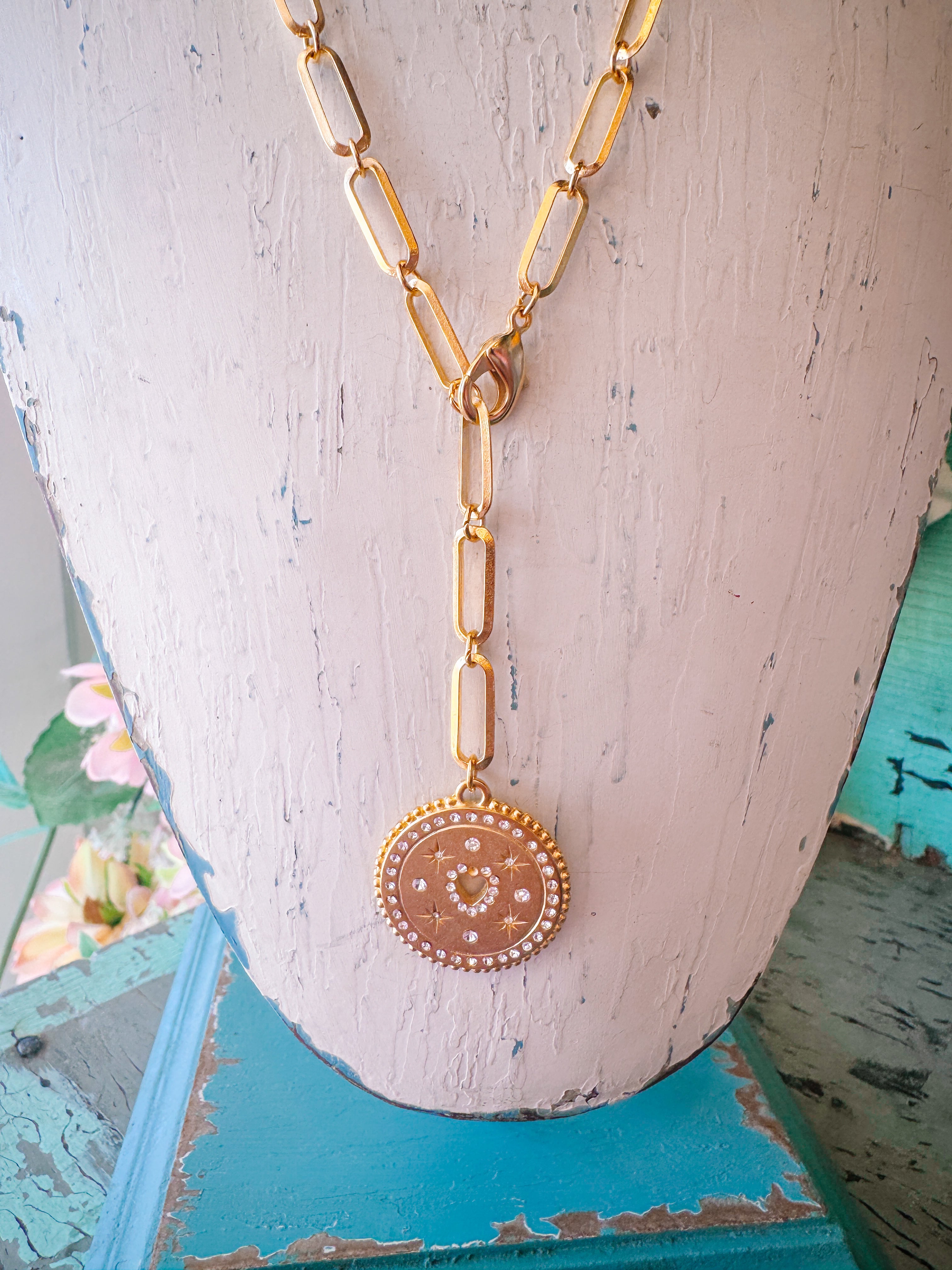 PAVE STARS HEART COIN LINK NECKLACE - GOLD