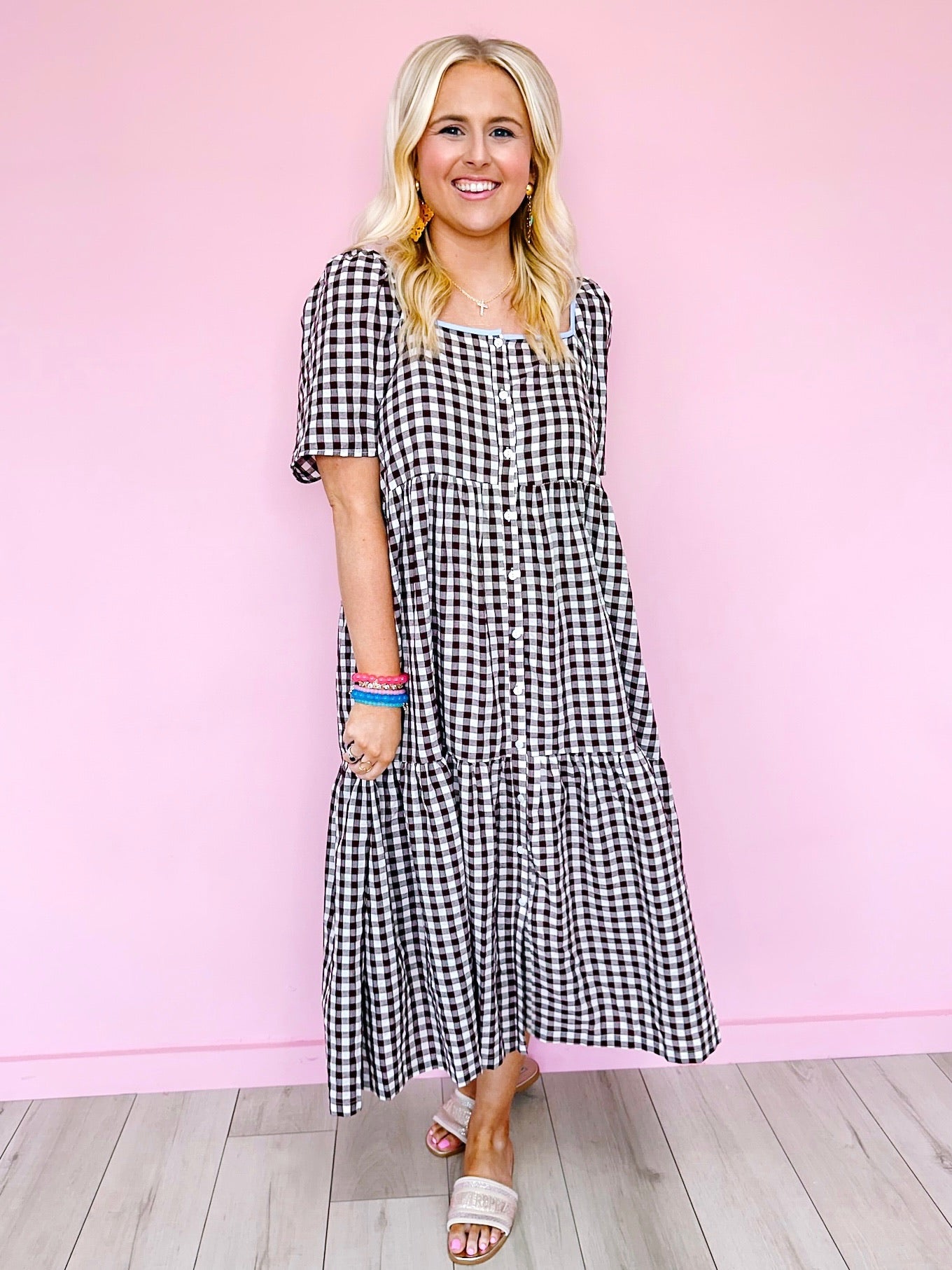 CLASSY COTTAGE GINGHAM DRESS - BROWN