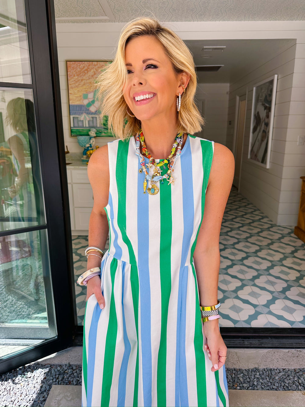 SPRING IN YOUR STEP STRIPE MIDI DRESS - BLUE/GREEN