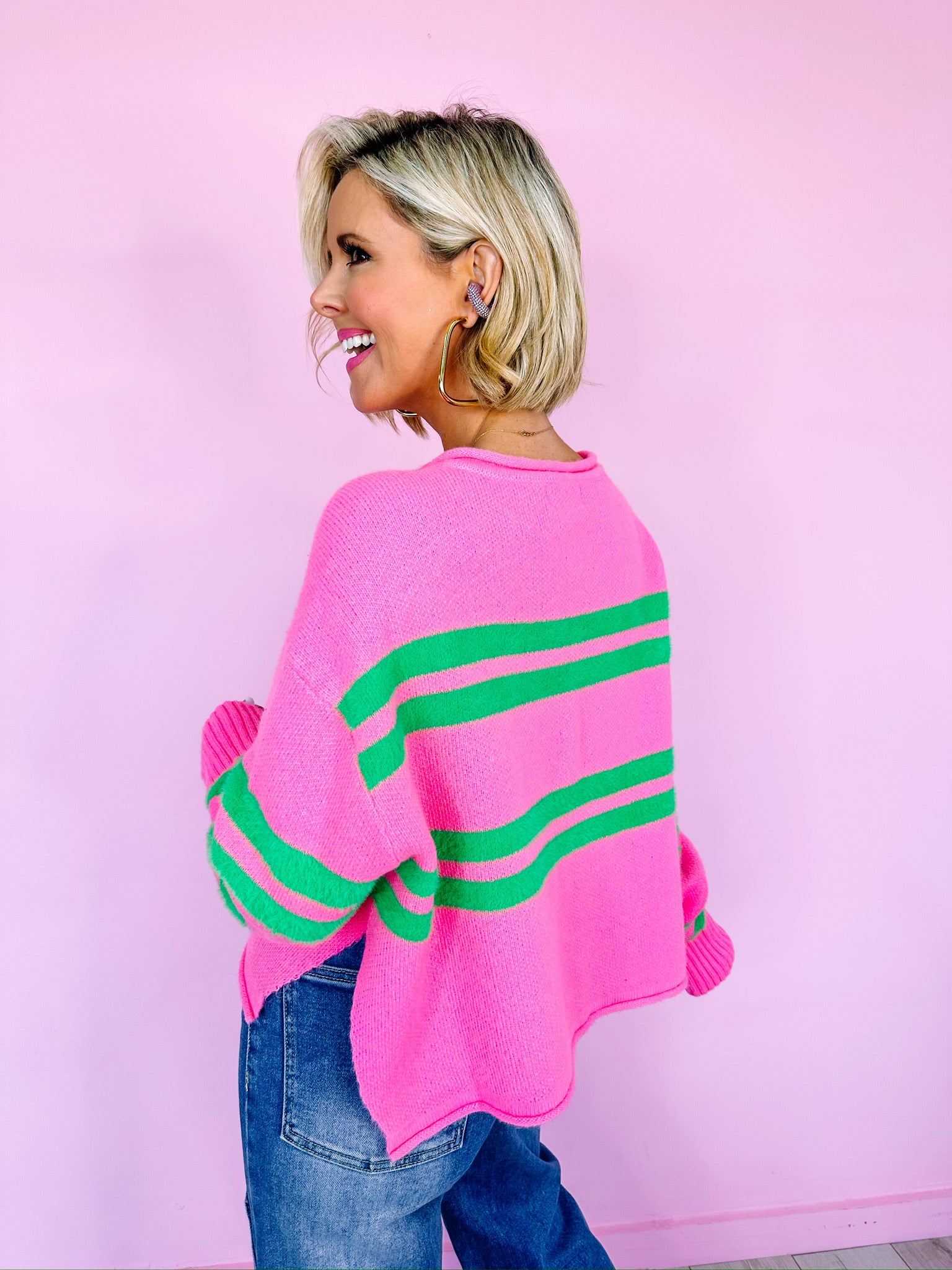 CAMILLE CROP VNECK STRIPE SWEATER - PINK