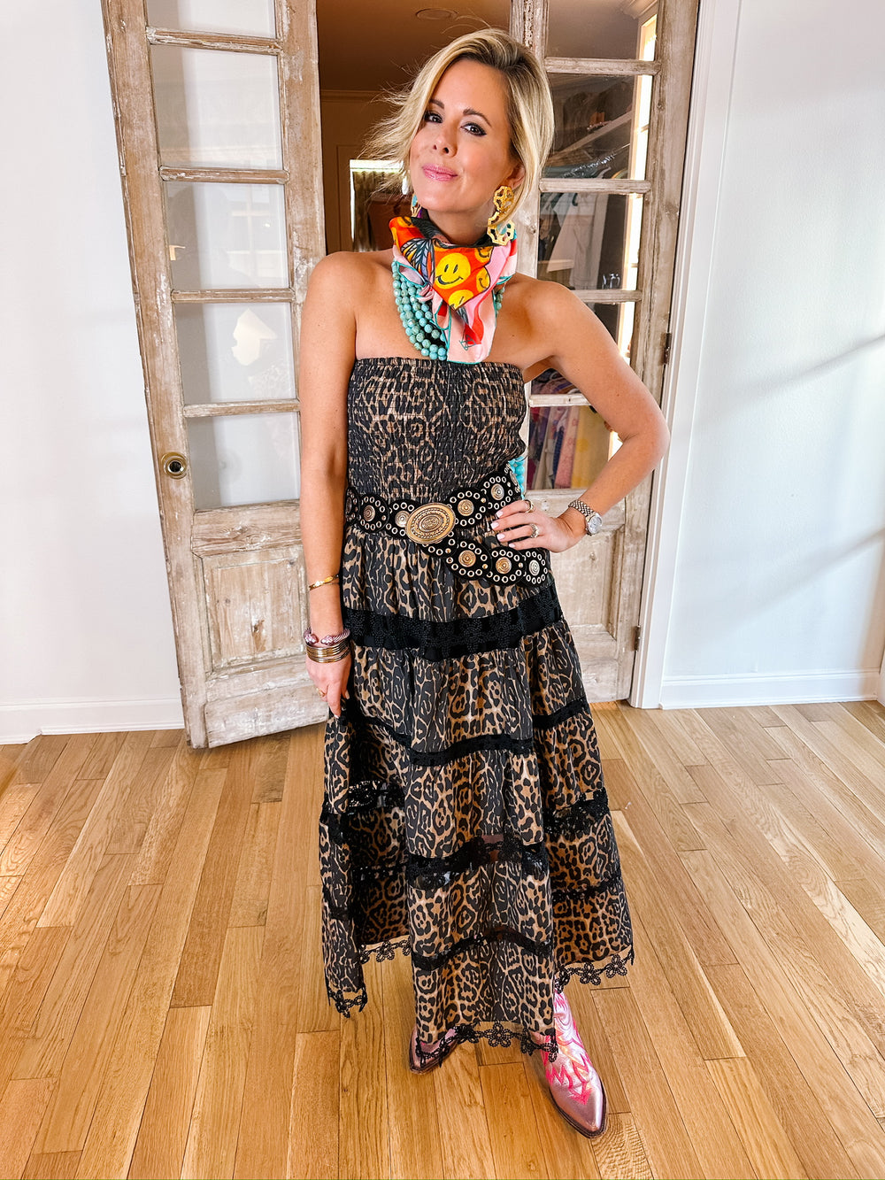 THE ONE FOR YOU STRAPLESS MIDI DRESS - LEOPARD