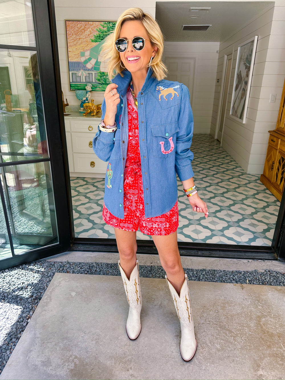 LUCKY YOU EMBROIDERED SNAP UP TOP - DENIM