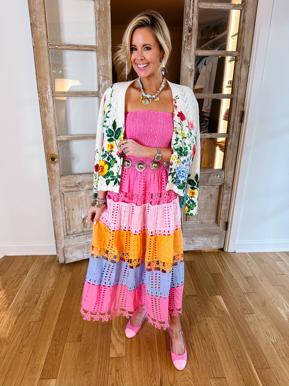 TIFFANY COLORBLOCK EYELET FLORAL STRAPLESS MIDI DRESS - PINK