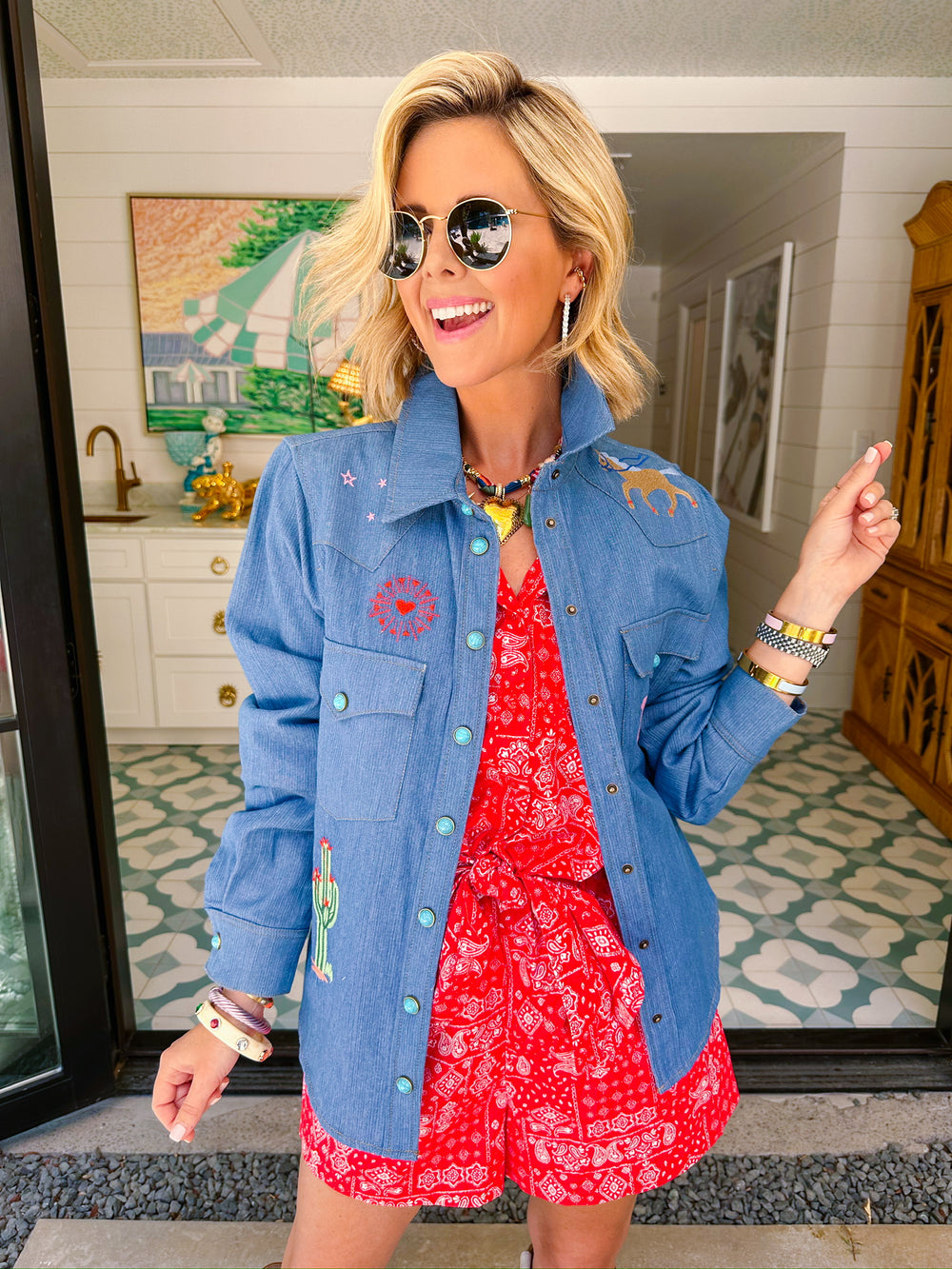 LUCKY YOU EMBROIDERED SNAP UP TOP - DENIM