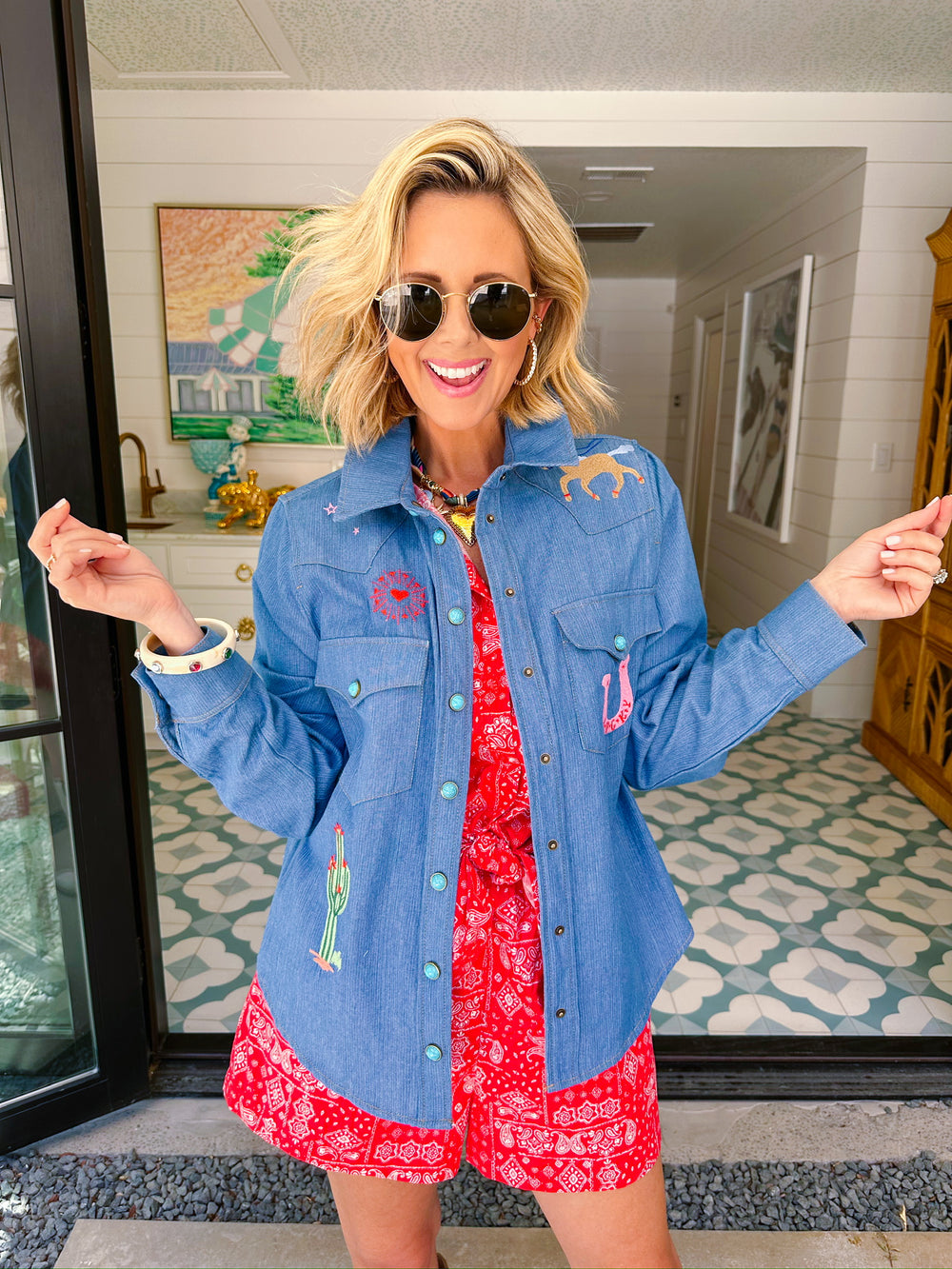 LUCKY YOU EMBROIDERED SNAP UP TOP - DENIM