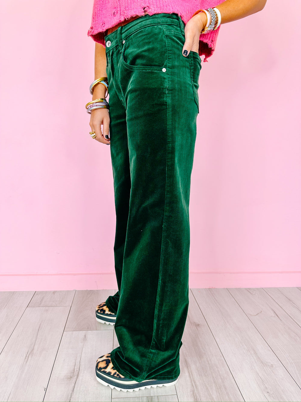 CACEY CORDUROY WIDE LEG JEANS - GREEN