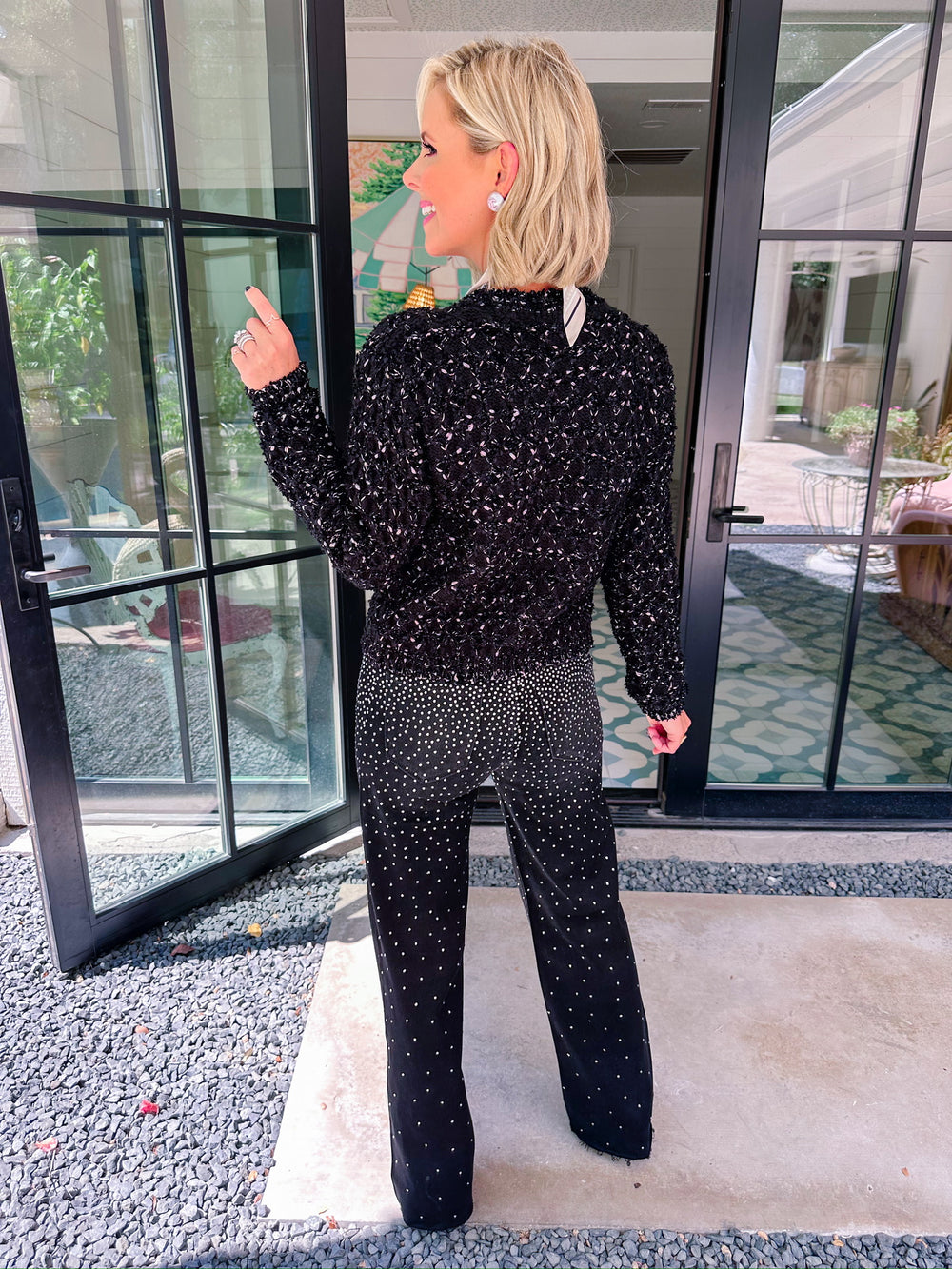 BRIELLE BOUCLE PEARL CARDIGAN - BLACK