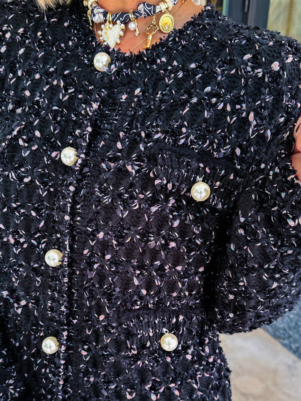 BRIELLE BOUCLE PEARL CARDIGAN - BLACK