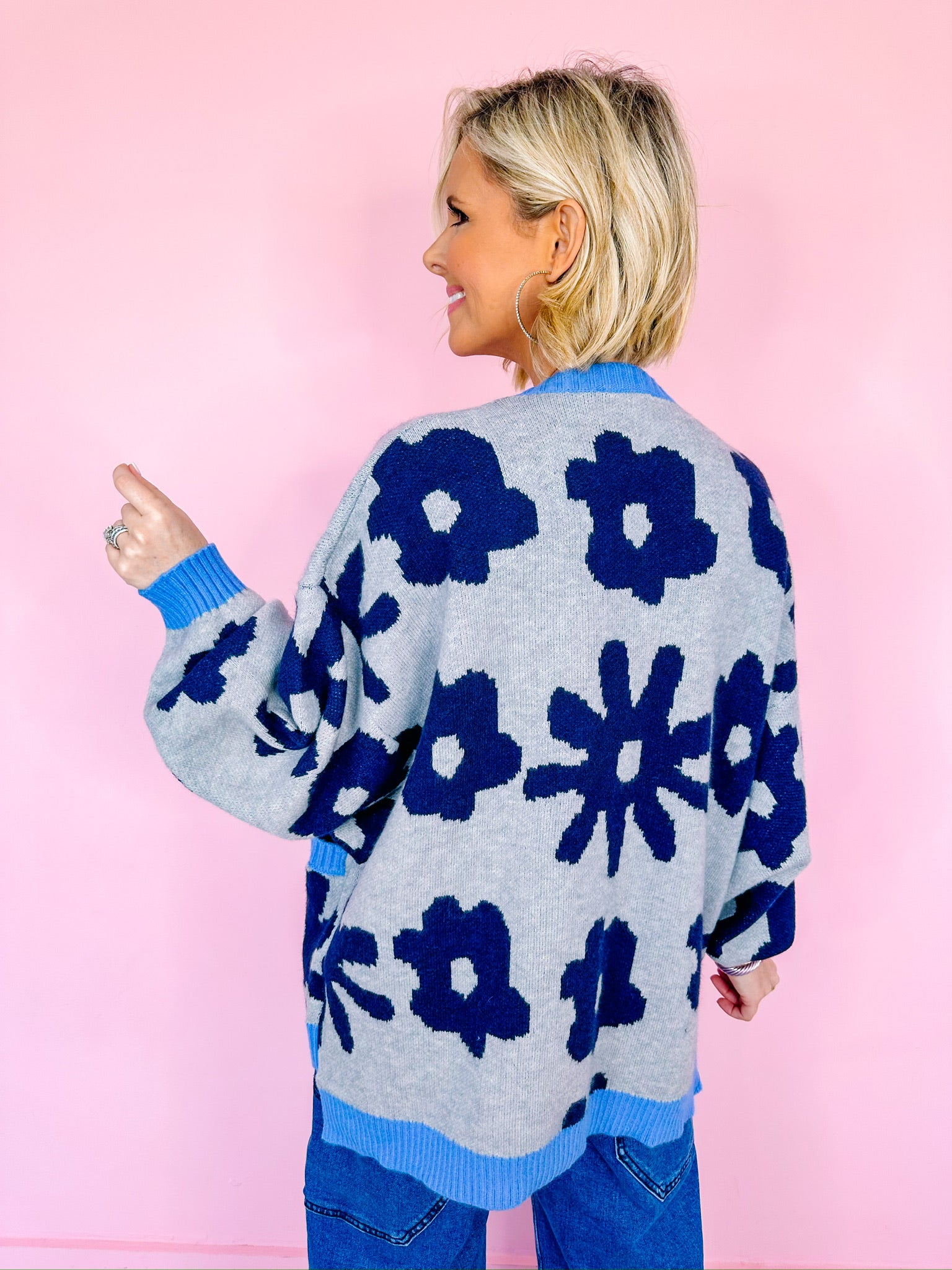 THE POWER OF FLOWERS CARDIGAN - GREY/NAVY