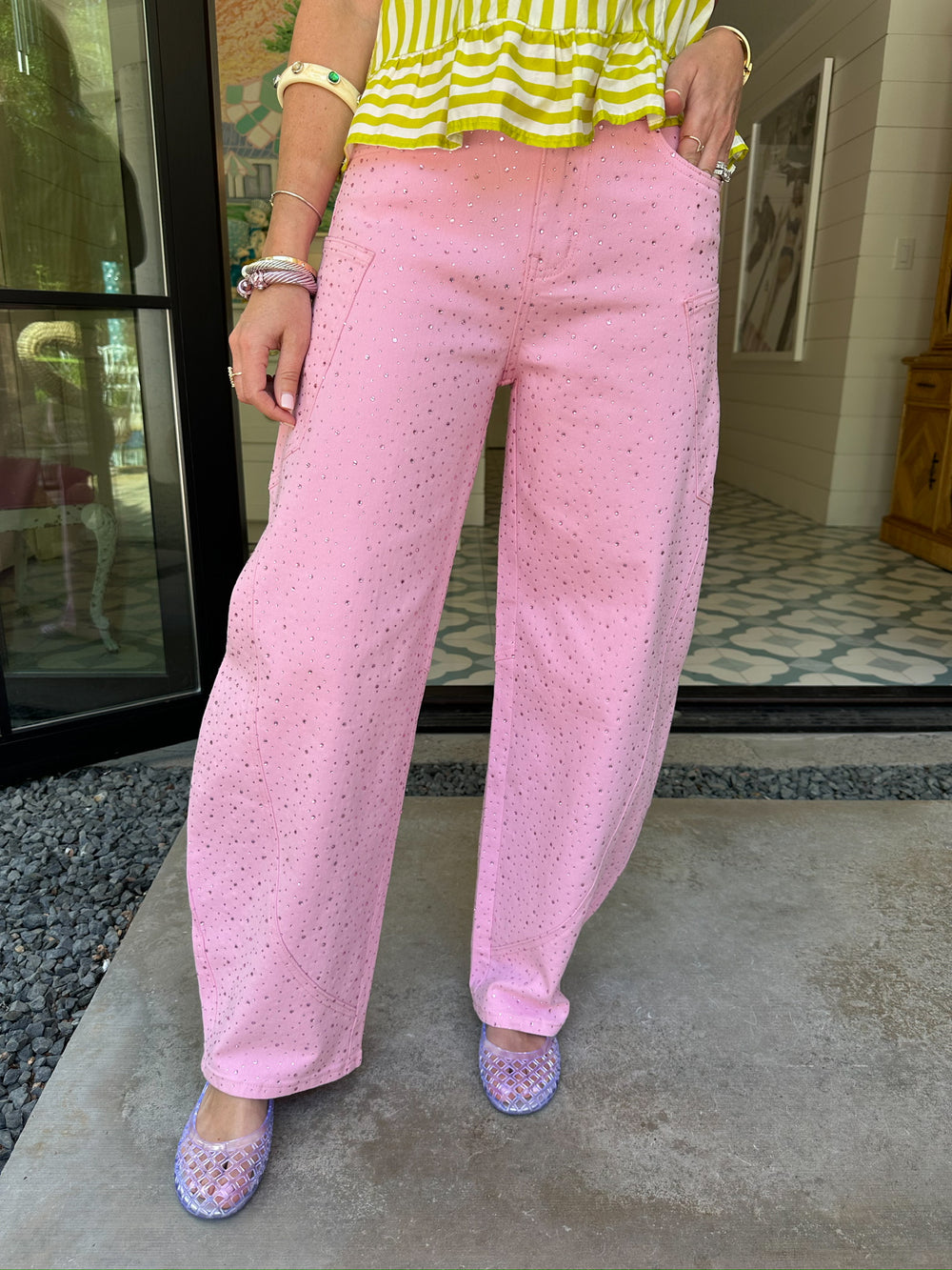 RORI RHINESTONE BARREL JEANS - PINK