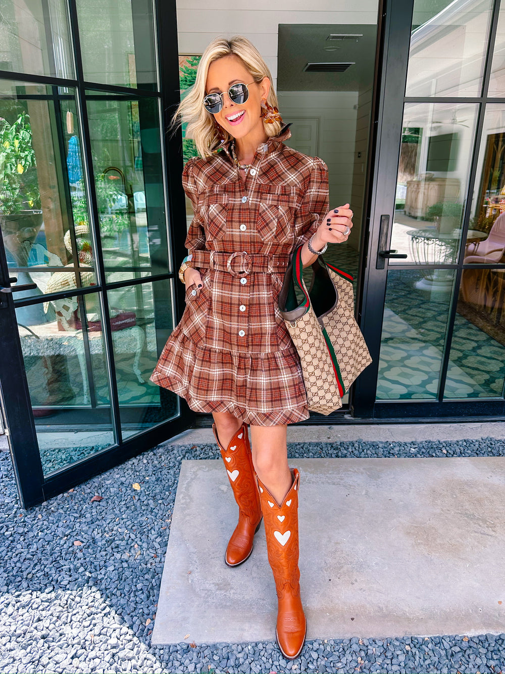 PLAID PERFECTION BUTTON UP DRESS - BROWN
