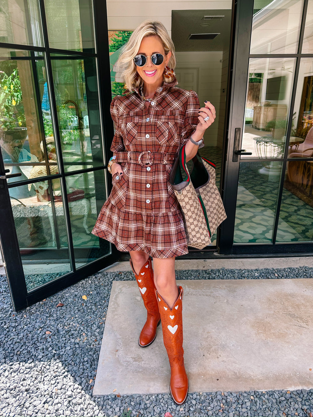PLAID PERFECTION BUTTON UP DRESS - BROWN