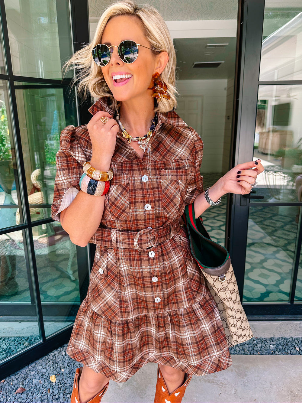 PLAID PERFECTION BUTTON UP DRESS - BROWN