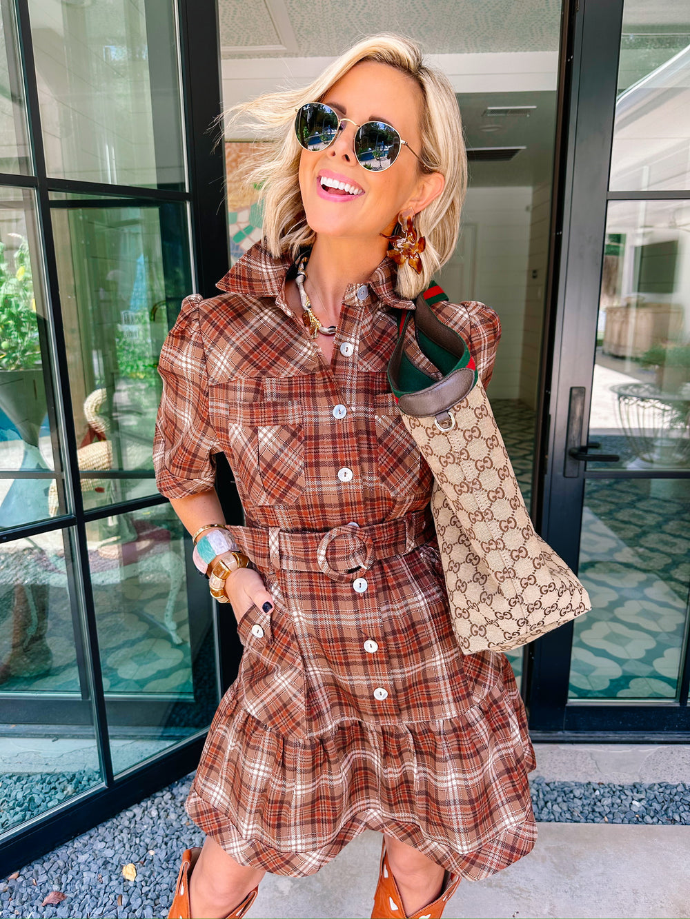 PLAID PERFECTION BUTTON UP DRESS - BROWN