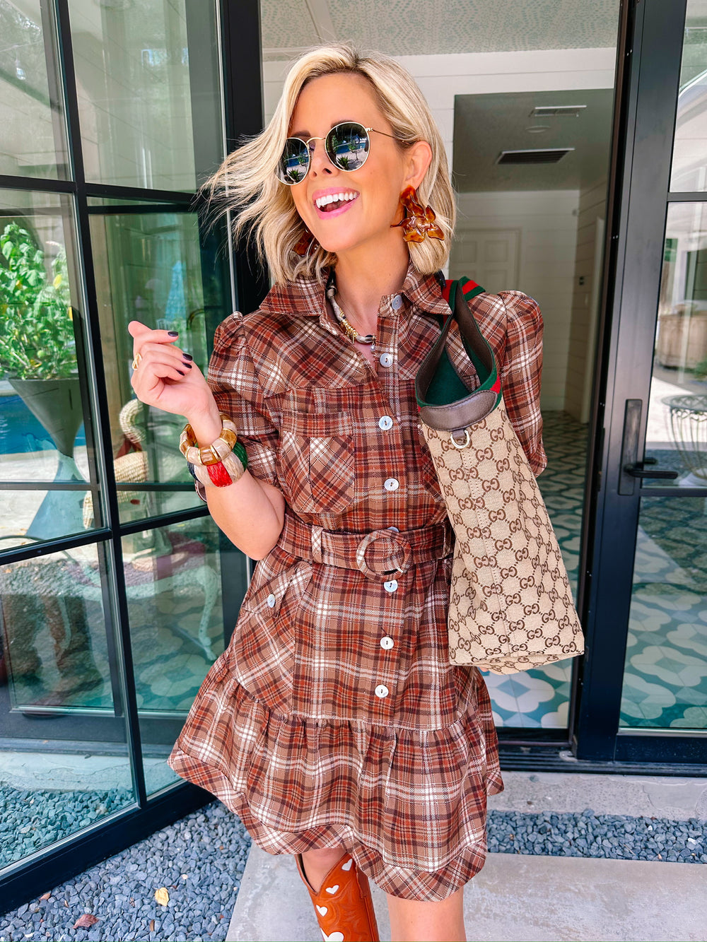 PLAID PERFECTION BUTTON UP DRESS - BROWN
