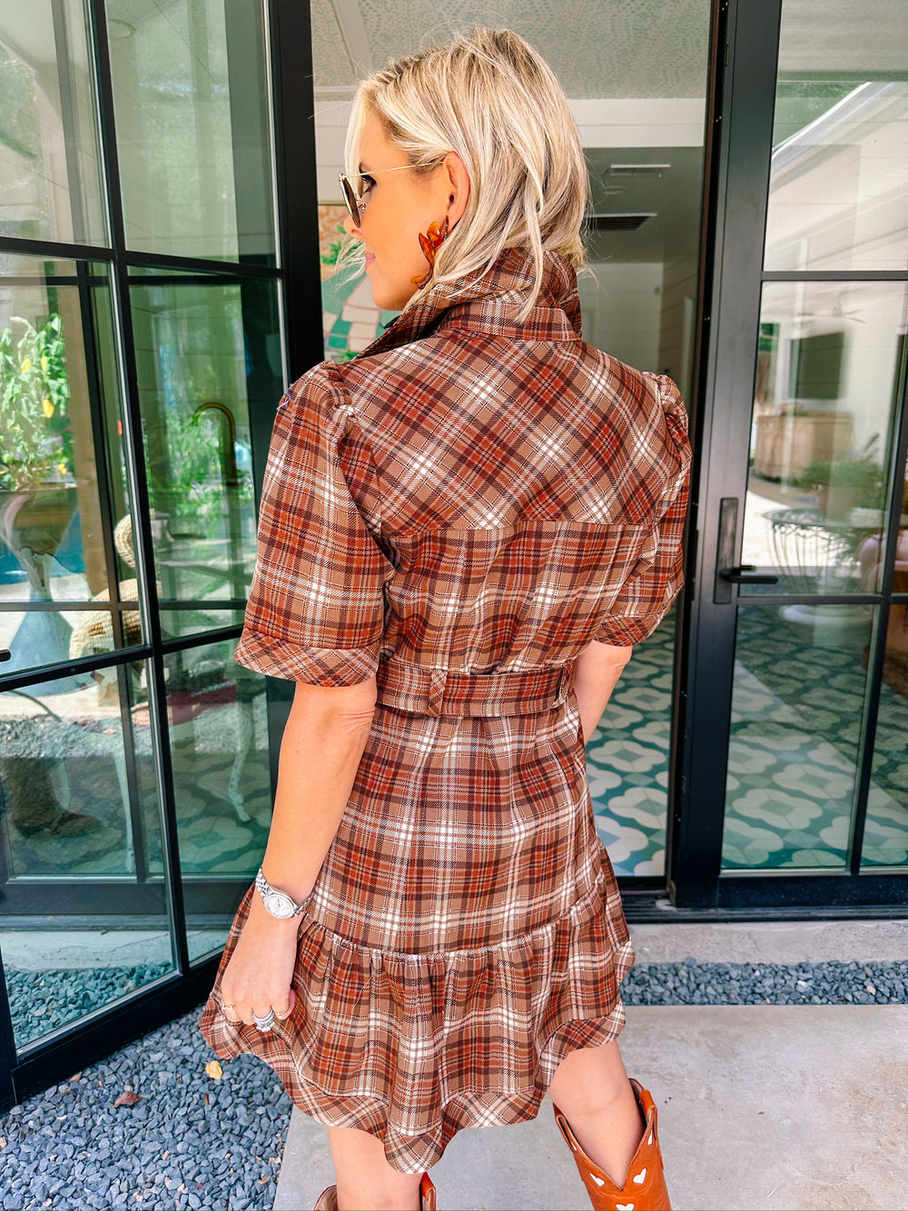 PLAID PERFECTION BUTTON UP DRESS - BROWN