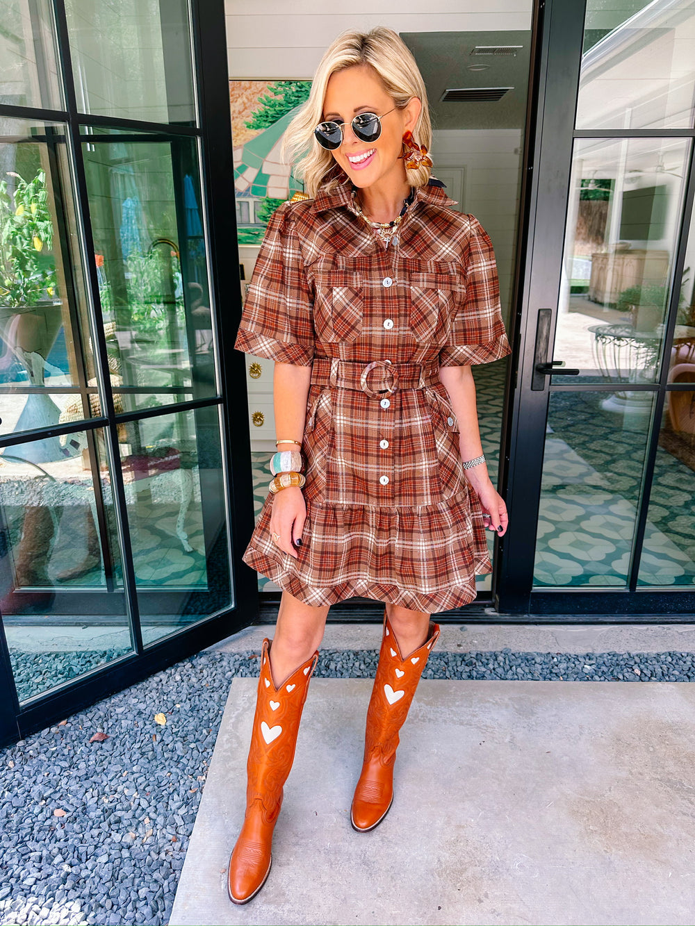 PLAID PERFECTION BUTTON UP DRESS - BROWN