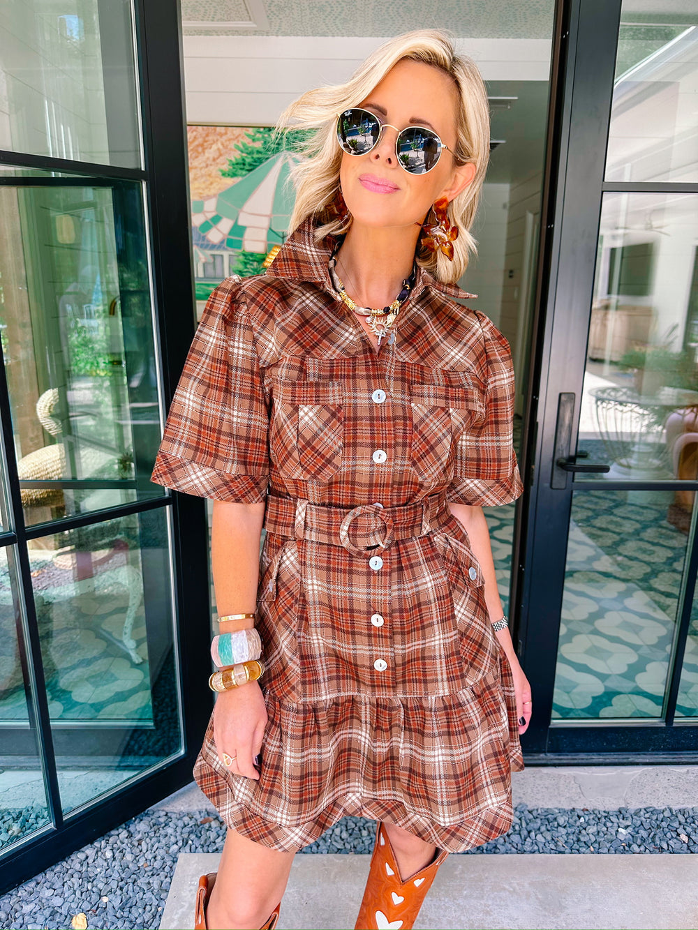 PLAID PERFECTION BUTTON UP DRESS - BROWN