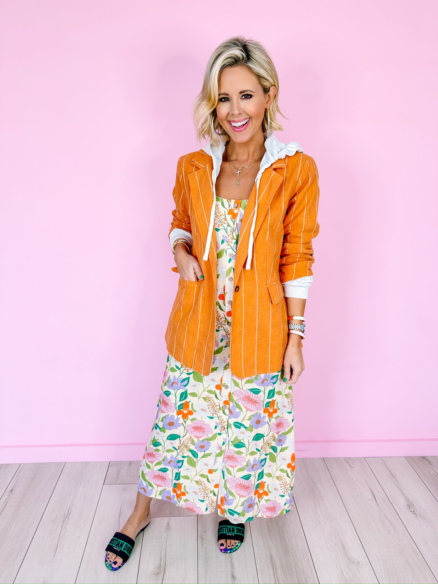 CITY GIRL STRIPE LINEN HOOD BLAZER - ORANGE