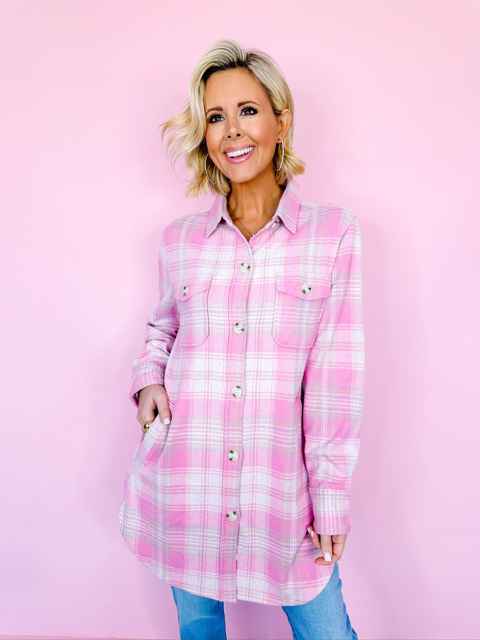 MANDY PLAID SHACKET - ROSE PINK