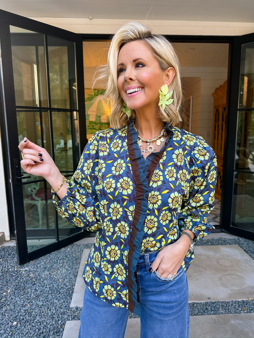 THE CHARLOTTE RUFFLE TRIM FLORAL TOP - NAVY/GREEN