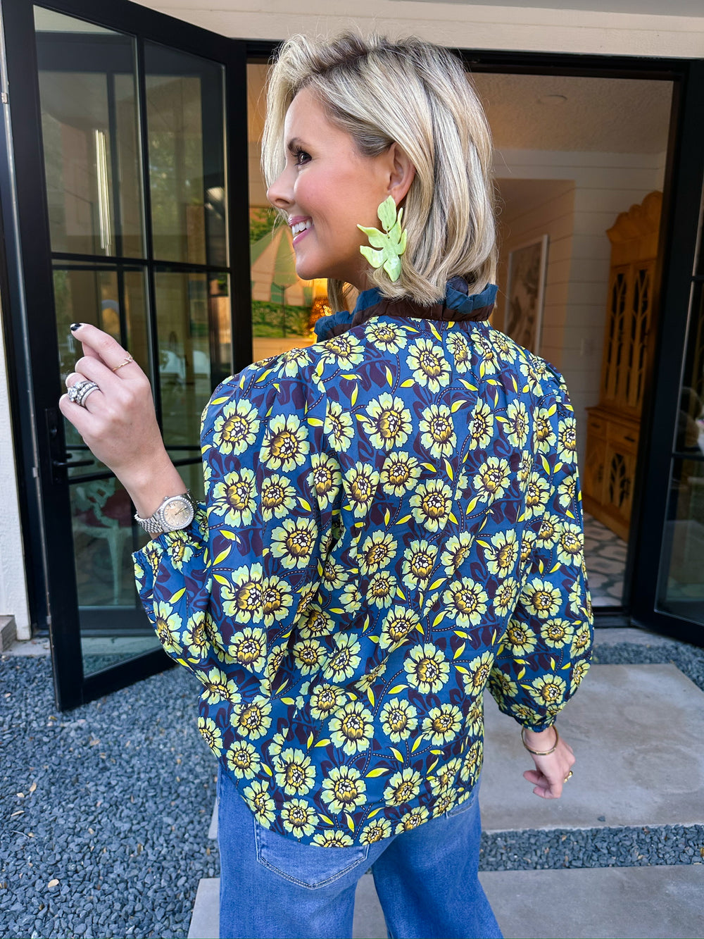 THE CHARLOTTE RUFFLE TRIM FLORAL TOP - NAVY/GREEN