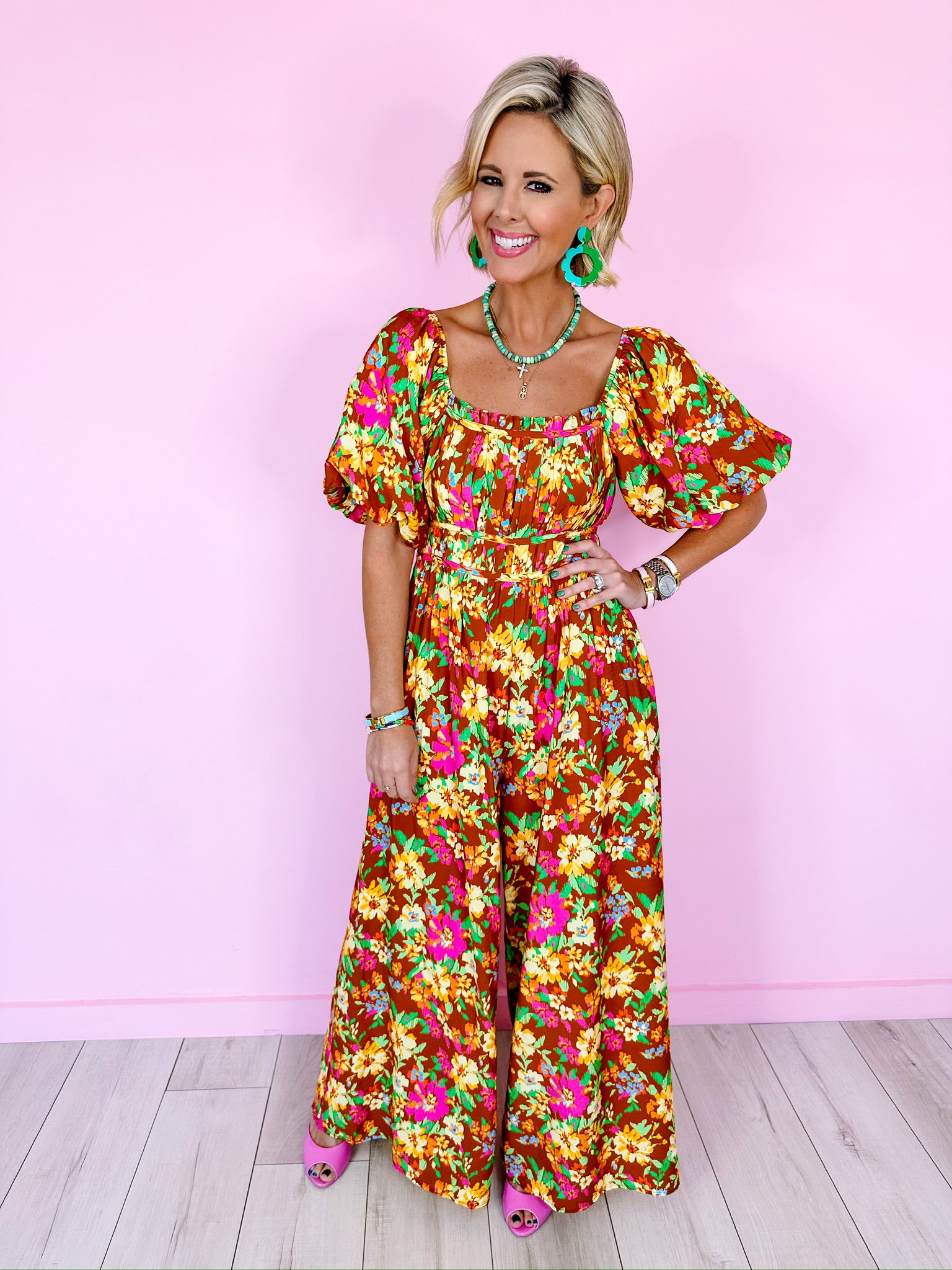 FLORAL PAINTSTROKES WIDE LEG JUMPSUIT