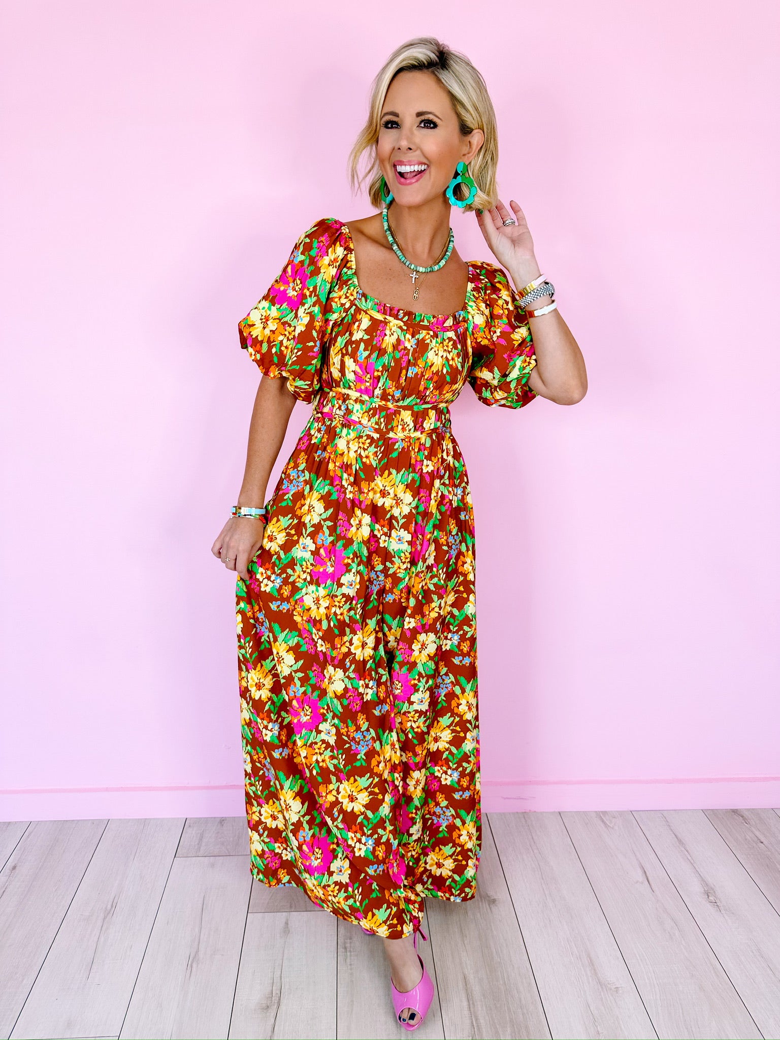 FLORAL PAINTSTROKES WIDE LEG JUMPSUIT