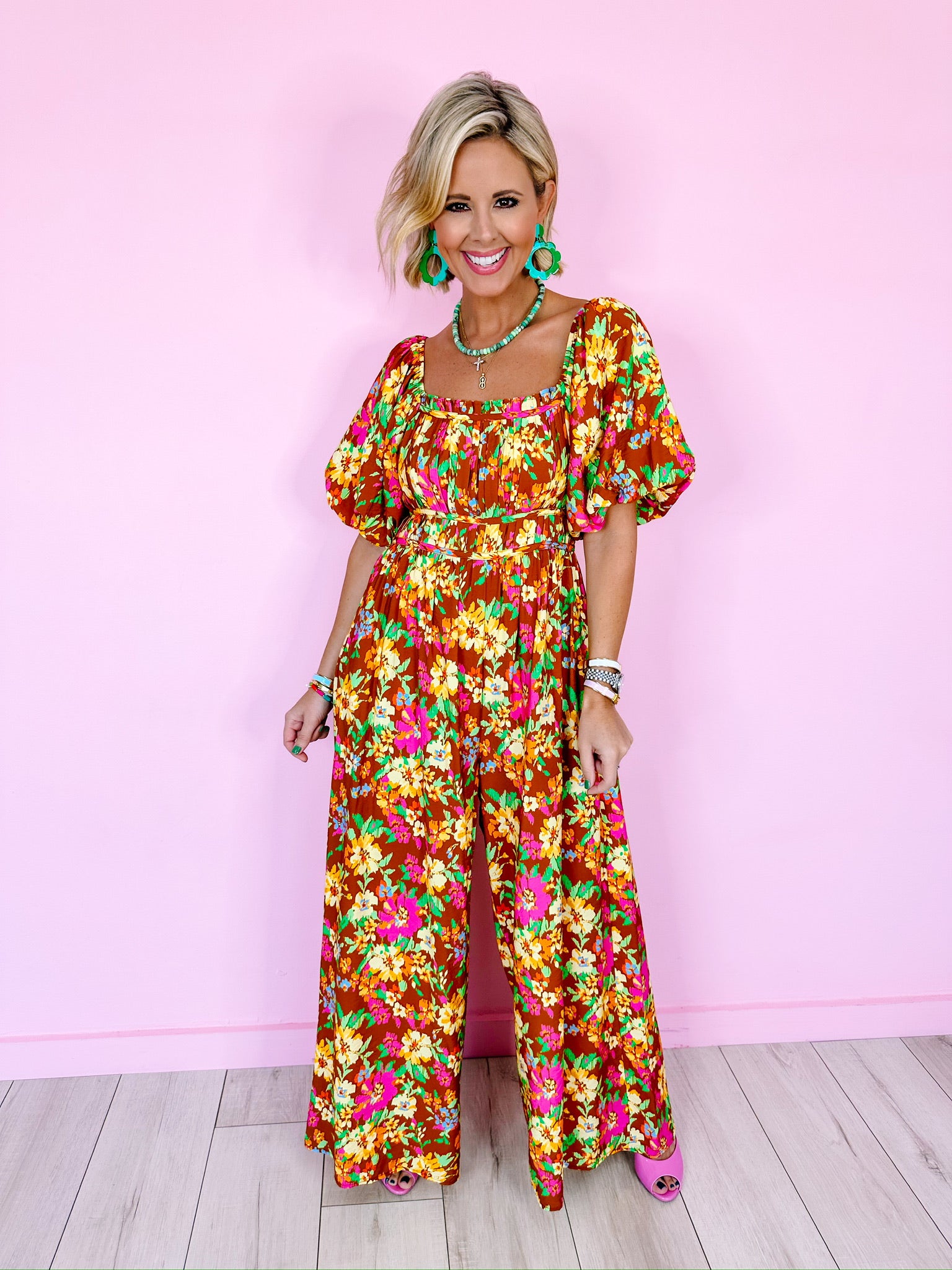 FLORAL PAINTSTROKES WIDE LEG JUMPSUIT