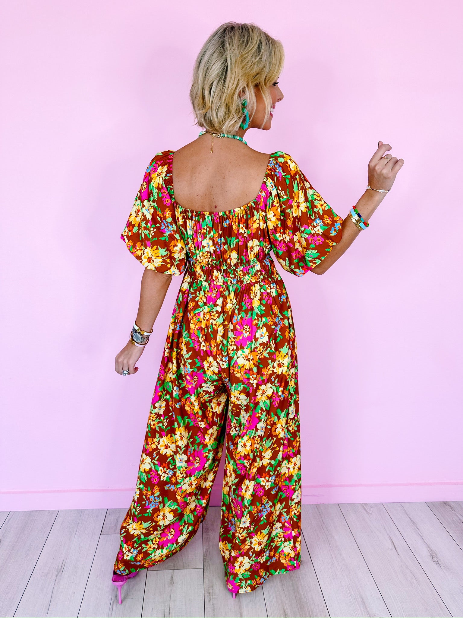 FLORAL PAINTSTROKES WIDE LEG JUMPSUIT