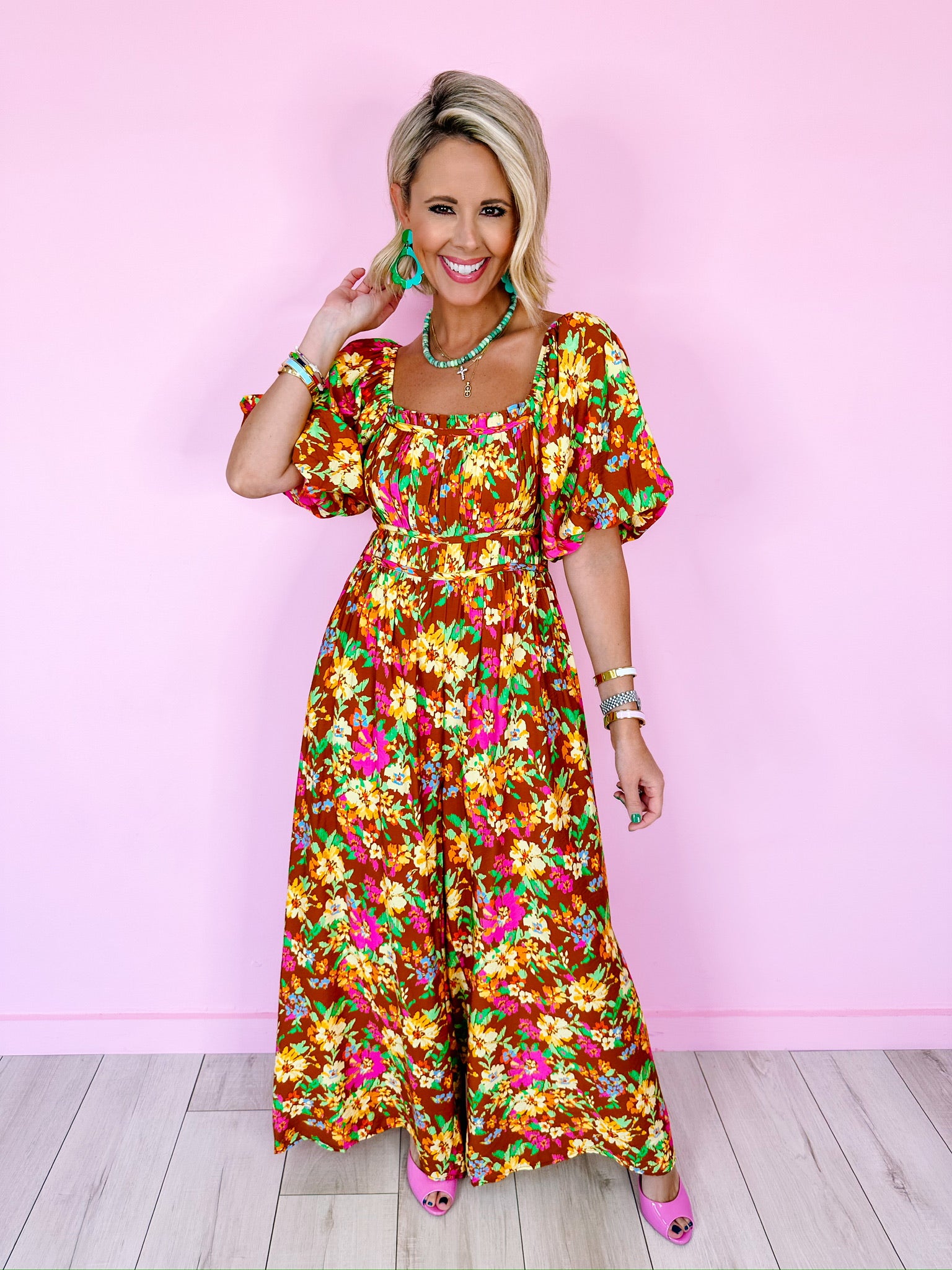 FLORAL PAINTSTROKES WIDE LEG JUMPSUIT