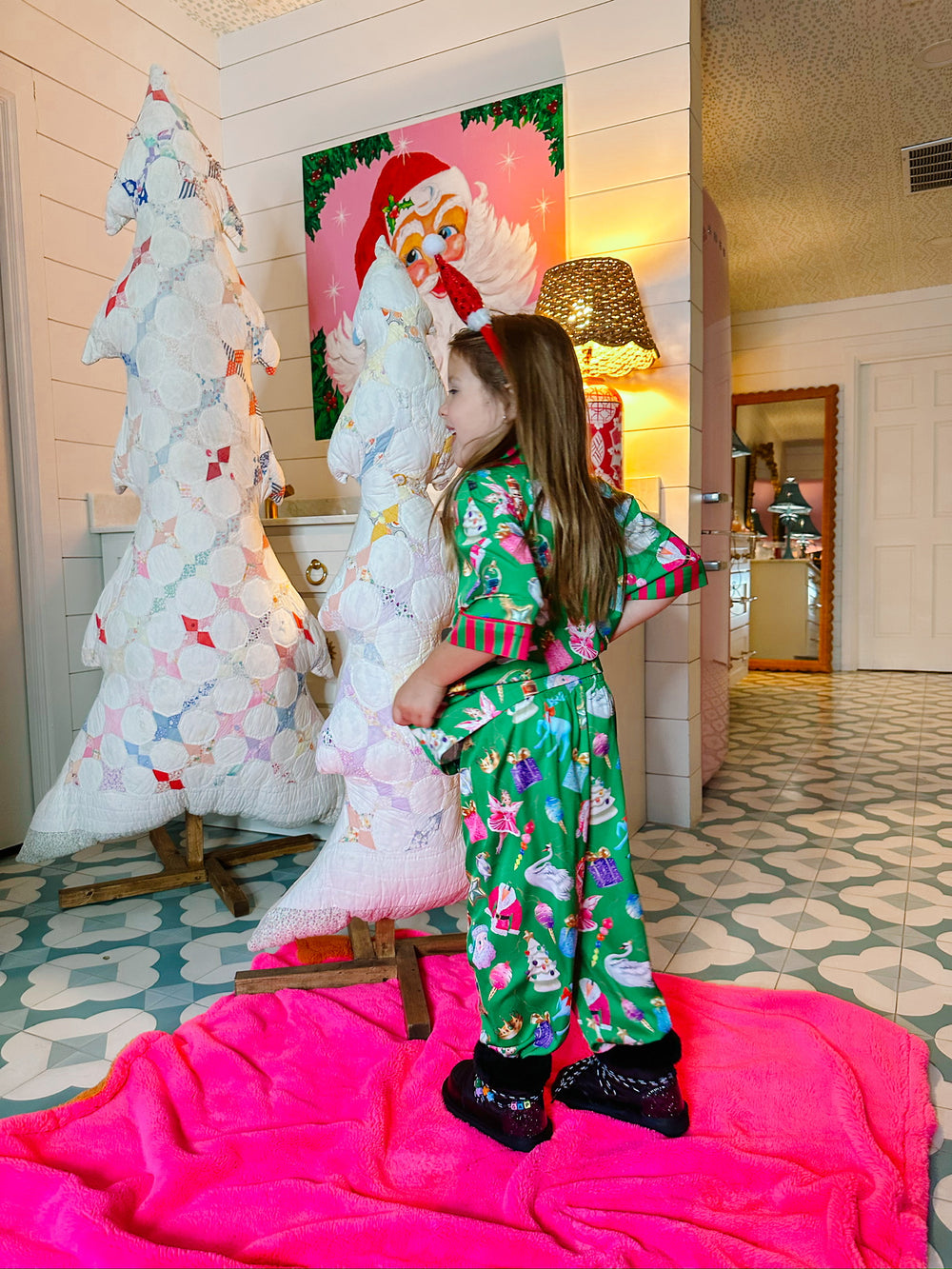 KIDS HOLIDAY BAUBLES SHORT SLEEVE PANT SET - GREEN