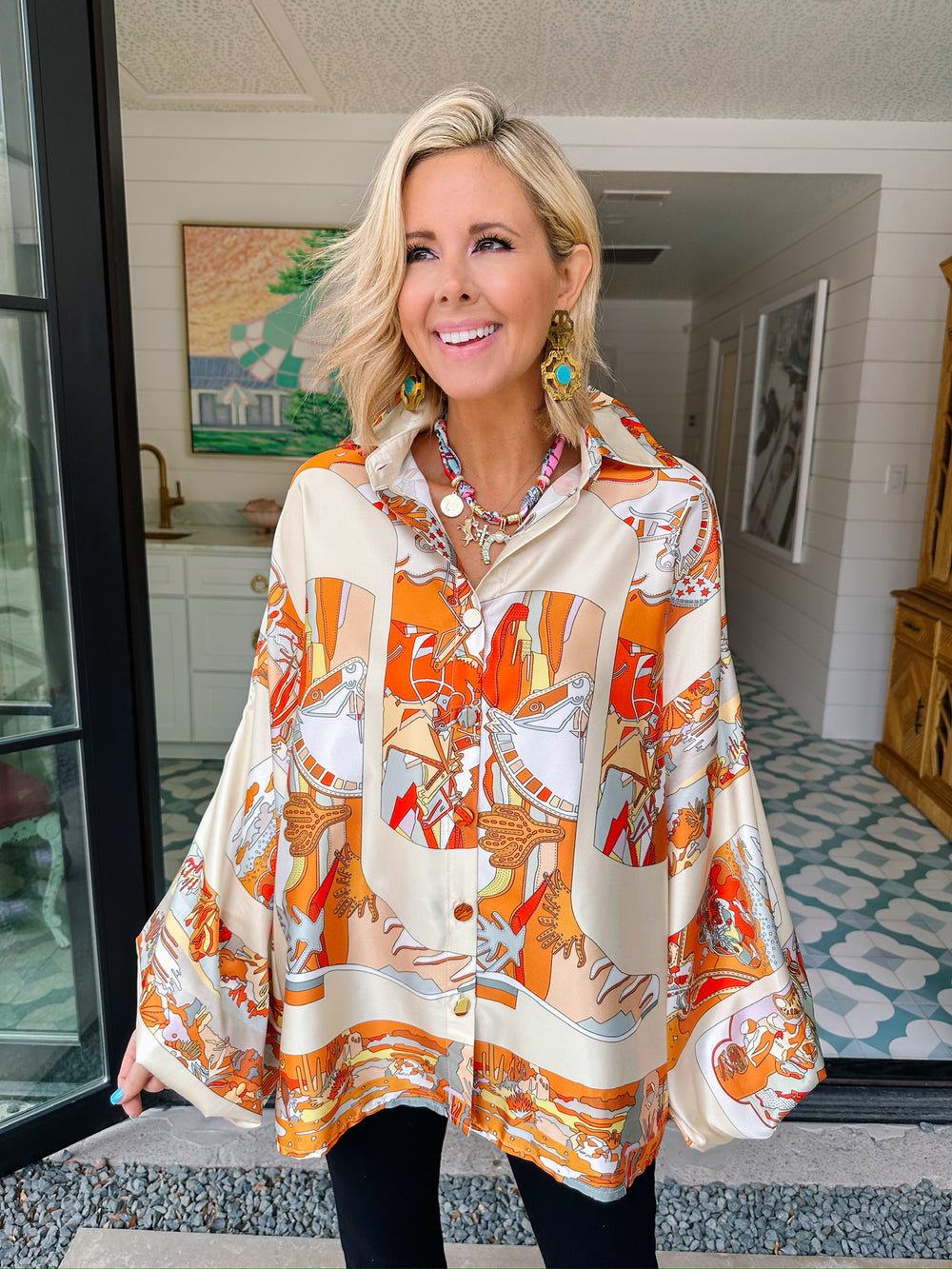 BOOTS ON THE GROUND SILKY BUTTON UP TOP - ORANGE