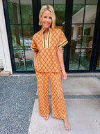 NEVER MISS A MOMENT FLORAL MEDALLION PANT SET - ORANGE
